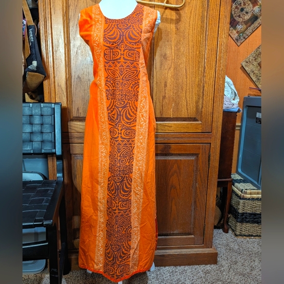 Maxi dress vintage handmade tribal print cotton sleeveless A-line L w‎ pockets - Picture 1 of 9